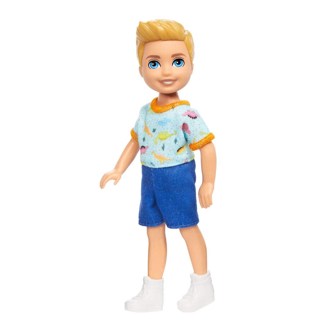 Barbie Chelsea Doll, Small Boy Doll Wearing One-Piece With Dino Print, Blond Hair