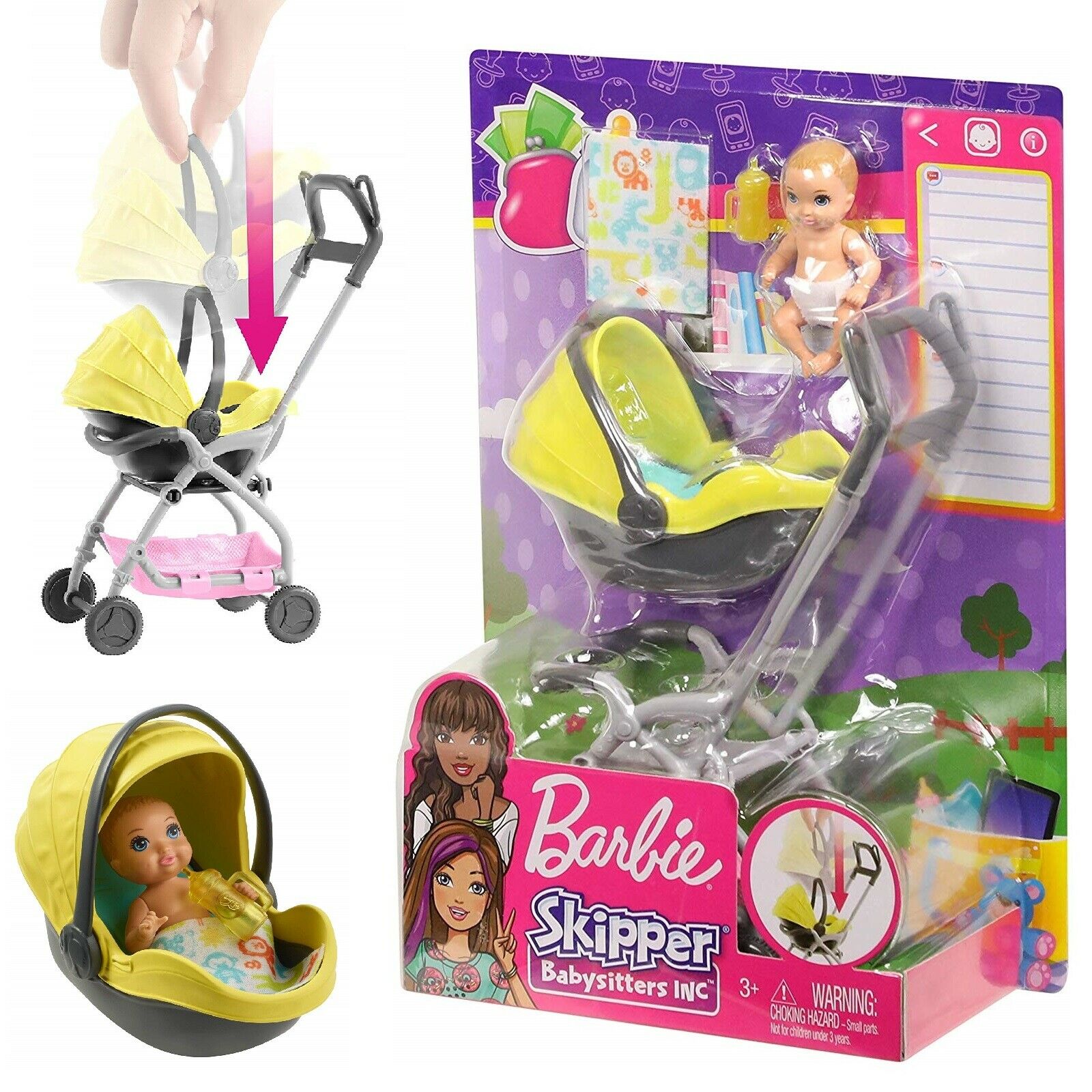 Barbie Skipper Babysitters Baby with Yellow Stroller Bambola